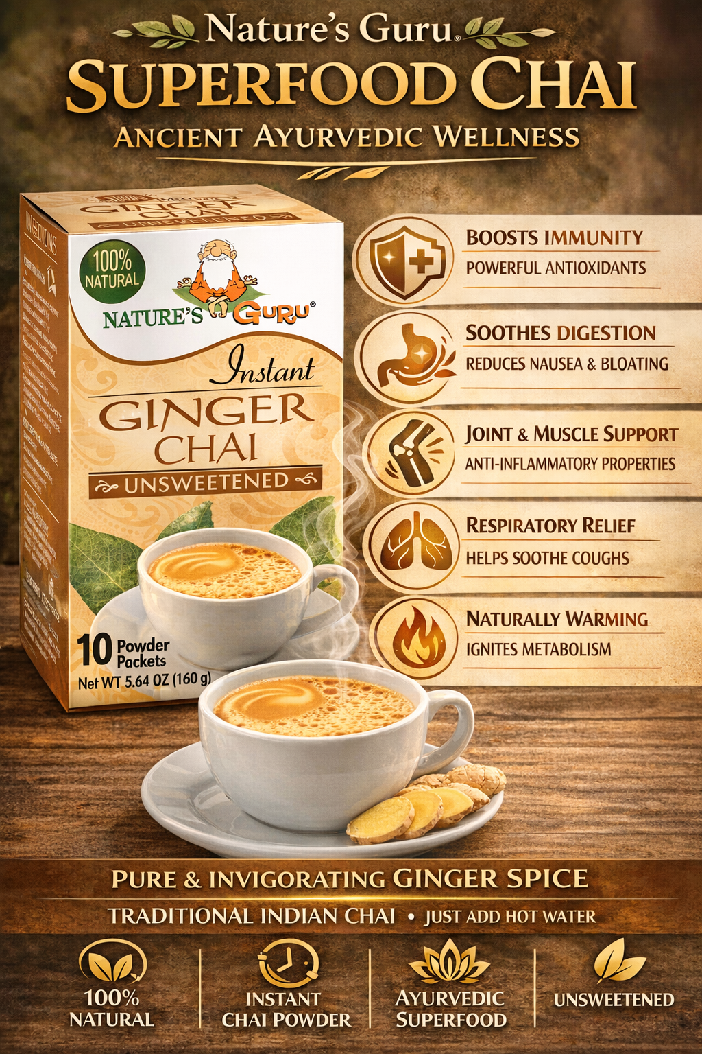 Nature's Guru Ginger Chai Unsweetened - 10 CT Box