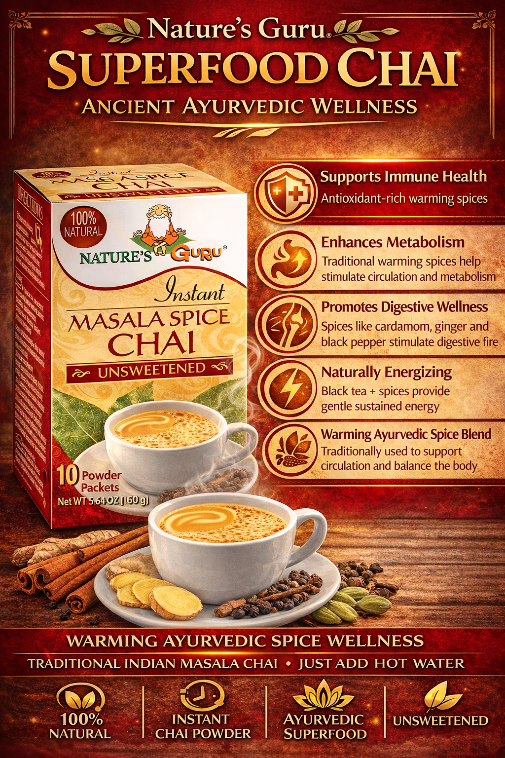 Nature's Guru Masala Spice Chai Unsweetened - 10 CT Box