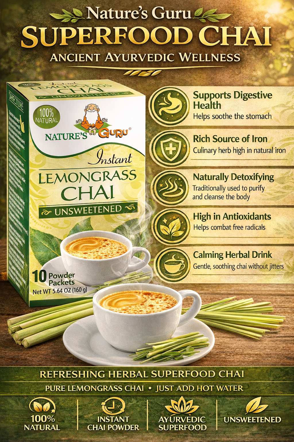 Nature's Guru Lemongrass Chai Unsweetened - 10 CT Box